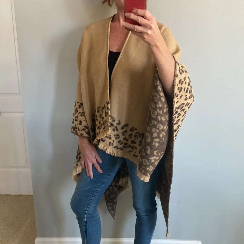 Tan & Animal Print Open Cardigan Sweater Kimono Wrap - Picture 3 of 10